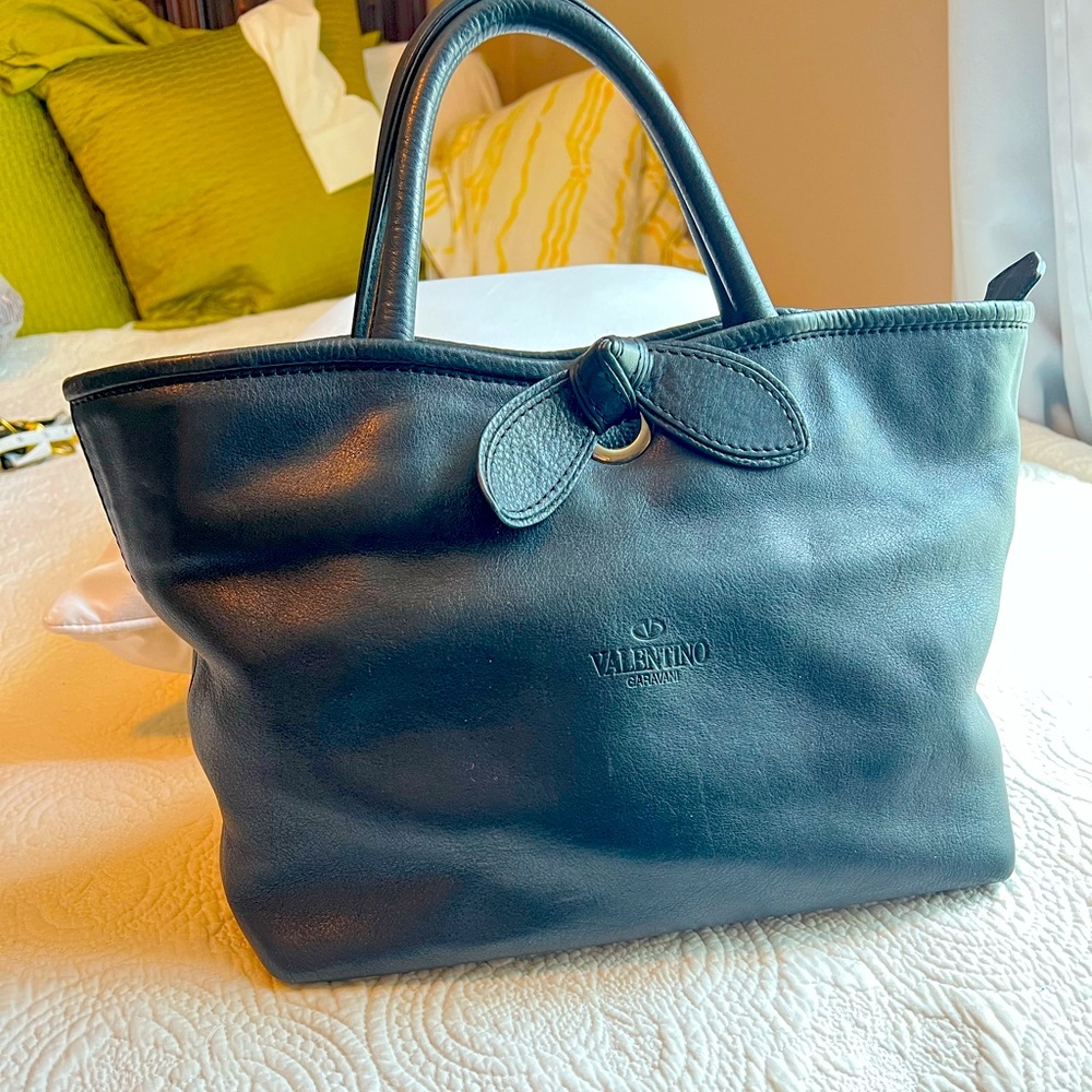 Black soft supple leather bow tote